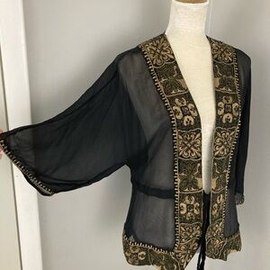 Chico’s Renfaire Silk gold embroidered jacket tie front blouse romantic size M